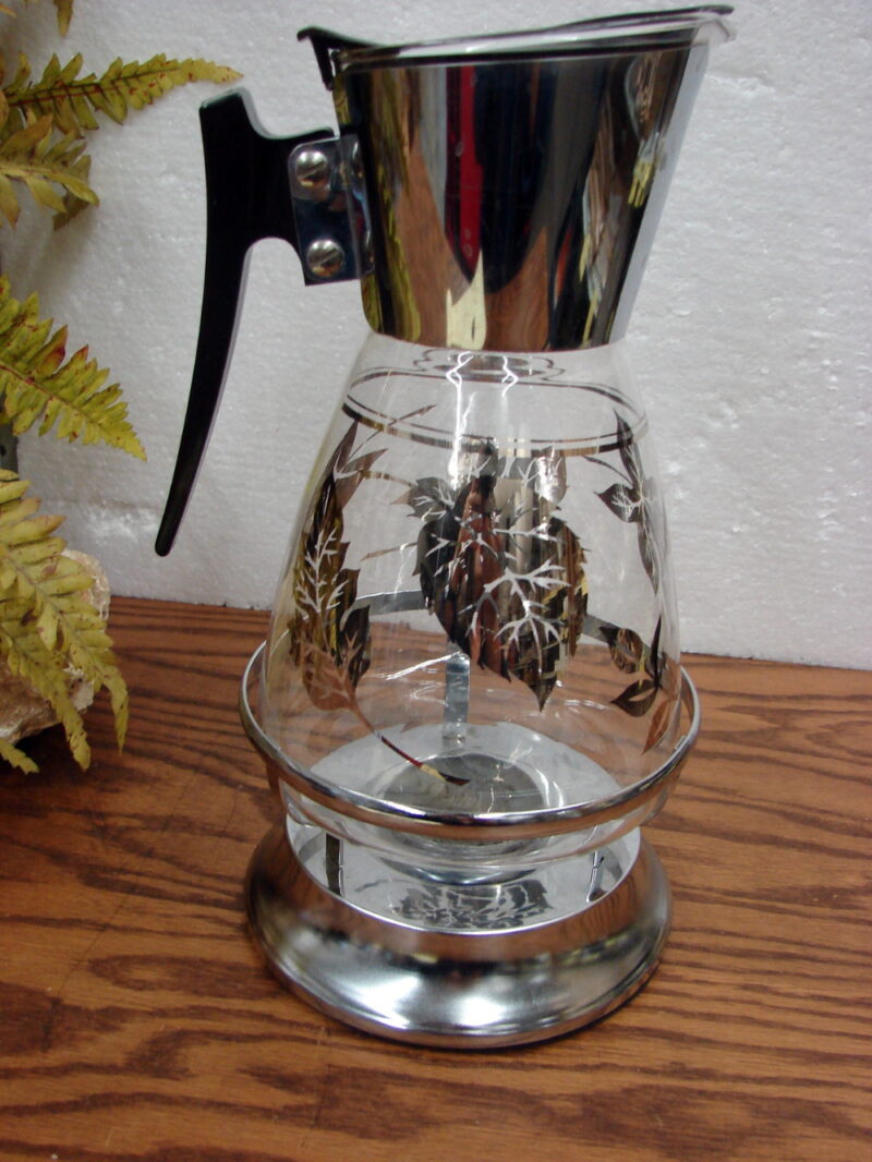 Vintage MCM Colony Glass Coffee Tea Carafe with Warming Stand Silver Leaf Signed, Moose-R-Us.Com Log Cabin Decor