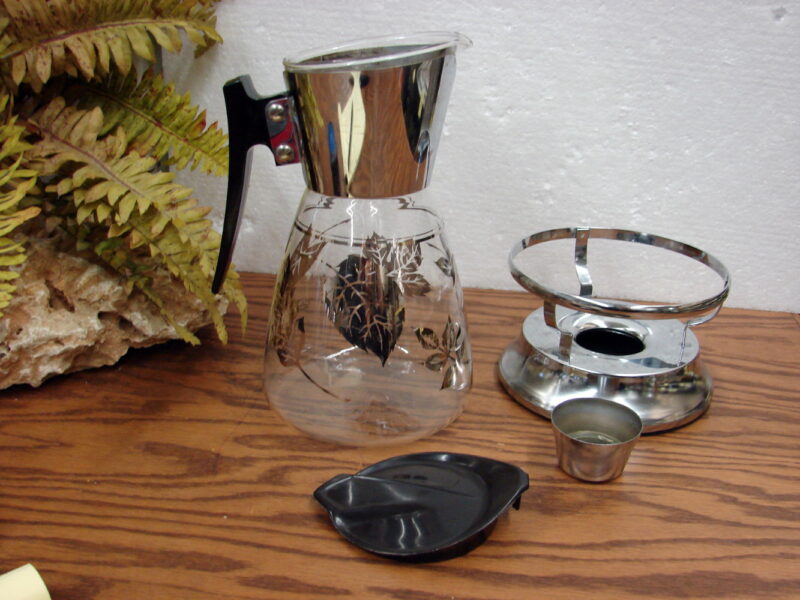 Vintage MCM Colony Glass Coffee Tea Carafe with Warming Stand Silver Leaf Signed, Moose-R-Us.Com Log Cabin Decor