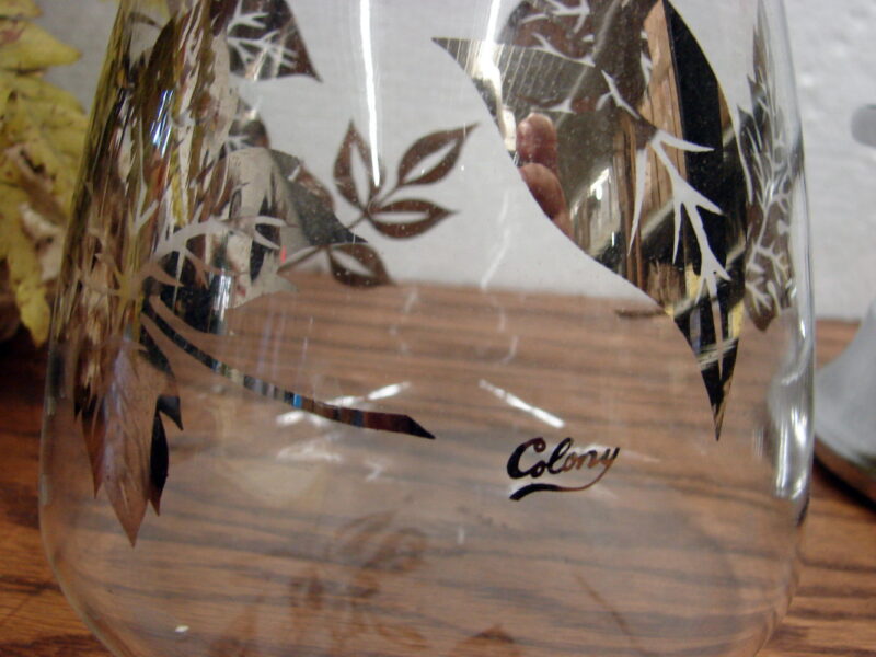 Vintage MCM Colony Glass Coffee Tea Carafe with Warming Stand Silver Leaf Signed, Moose-R-Us.Com Log Cabin Decor