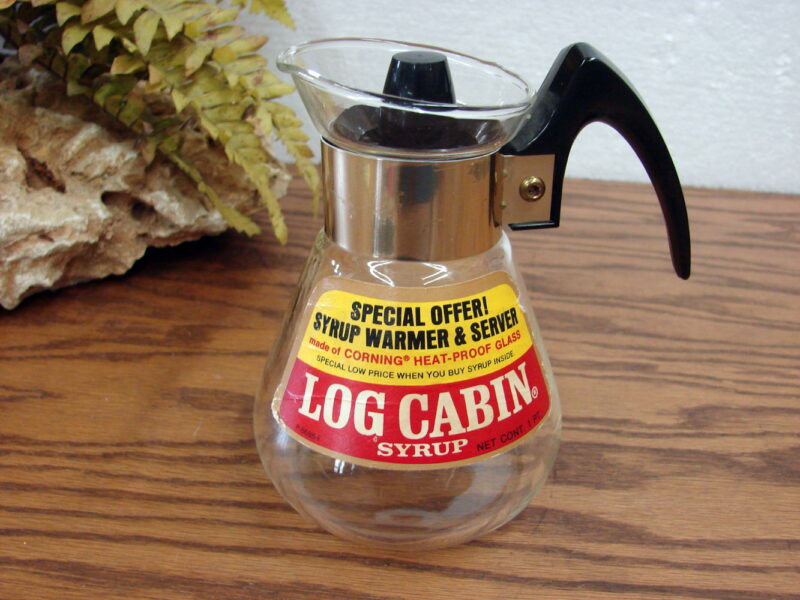 Vintage Corning Log Cabin Syrup Ewer w/ Paper Label &#038; Lid, Moose-R-Us.Com Antiques Collectibles Log Cabin Decor