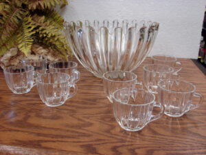 Vintage Federal Glass Celestial Punch Bowl Set Fluted Ribbed Pattern Scalloped Edge
