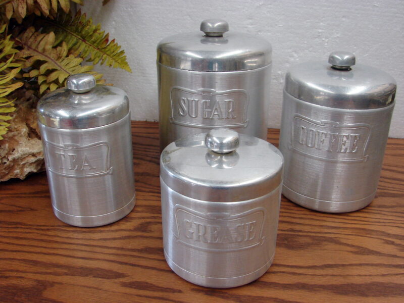 Vintage Heller Hostess Ware Italy Canister Set Spun Aluminum Grease Jar, Moose-R-Us.Com Antiques Collectibles Log Cabin Decor