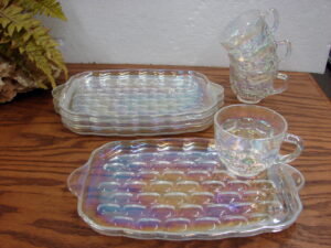 Two Vintage Federal Glass Company Hospitality Snack Set 8 Cups 8 Plates, Moose-R-Us.Com Antiques Collectibles Log Cabin Decor