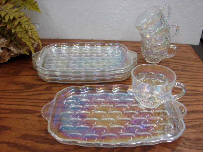 Vintage Federal Clear Iridescent Yorktown Snack Set 4 Plates 4 Cups, Moose-R-Us.Com Antiques Collectibles Log Cabin Decor