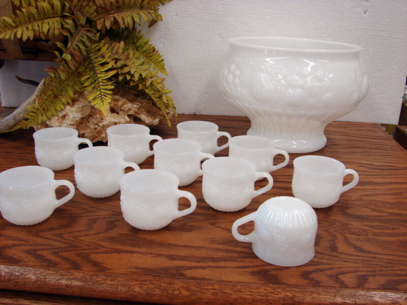 Vintage Jeanette Milk Glass Fruit Design Punch Bowl w/ 11 Cups, Moose-R-Us.Com Log Cabin Decor