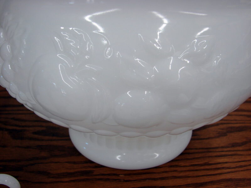 Vintage Jeanette Milk Glass Fruit Design Punch Bowl w/ 11 Cups, Moose-R-Us.Com Log Cabin Decor