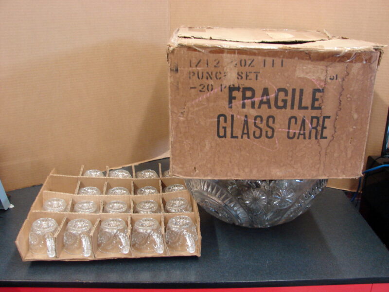 Antique Original Box 1920 LE Smith Slewed Horseshoe Punch Bowl Cups 19 Pc Set, Moose-R-Us.Com Antiques Collectibles Log Cabin Decor