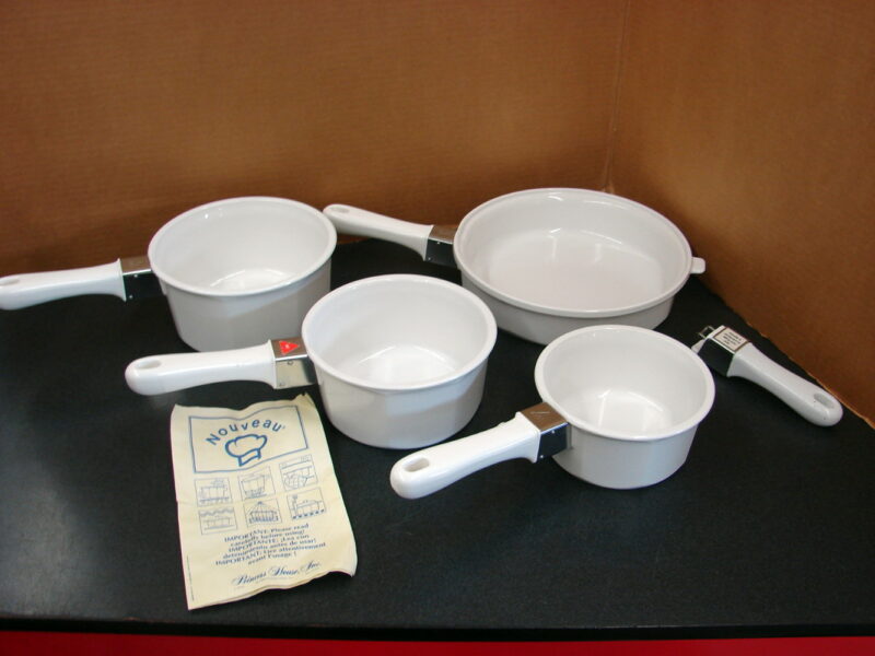 Princess House Nouveau White Ceramic Cookware 4 Pots Pans w/ Handles No Lids, Moose-R-Us.Com Antiques Collectibles Log Cabin Decor