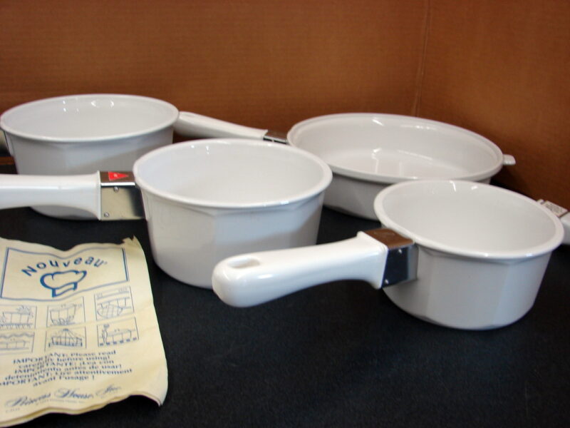 Princess House Nouveau White Ceramic Cookware 4 Pots Pans w/ Handles No Lids, Moose-R-Us.Com Antiques Collectibles Log Cabin Decor