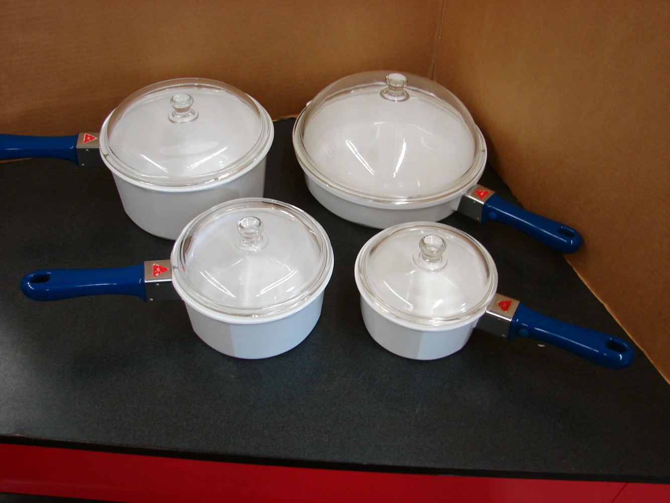 Princess House Nouveau White Ceramic Cookware 4 Pots Pans w/ Lids Handles