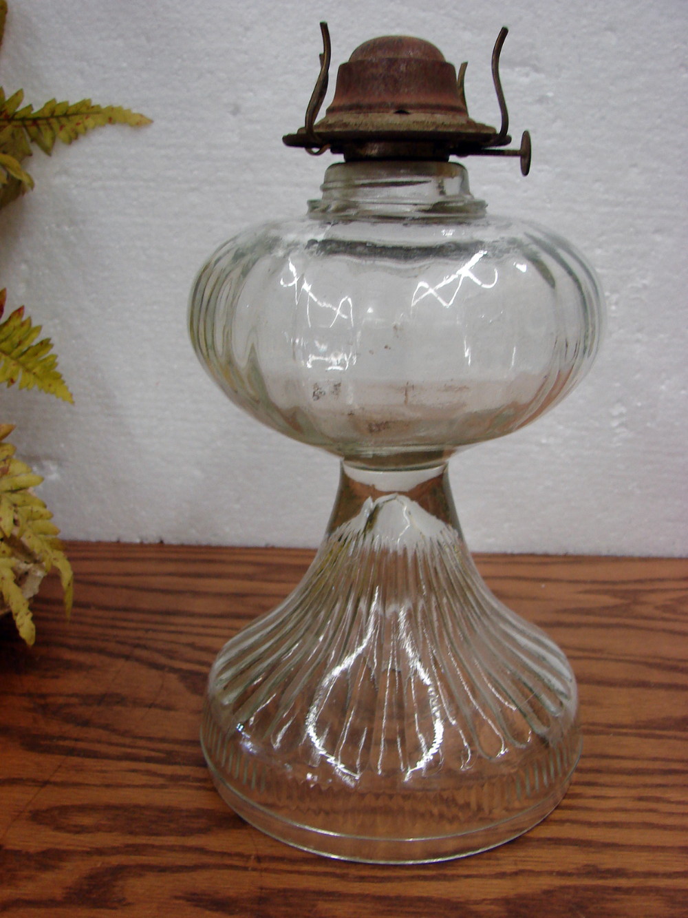 Antique Glass Oil Lantern Large Subtle Ribbed Kerosene Lamp