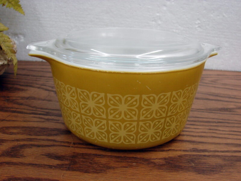 Vintage PYREX Promotional Mustard Autumn Floral Pyrex 473 Square Flowers, Moose-R-Us.Com Antiques Collectibles Log Cabin Decor