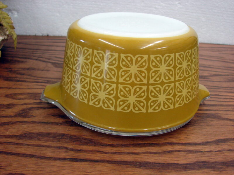 Vintage PYREX Promotional Mustard Autumn Floral Pyrex 473 Square Flowers, Moose-R-Us.Com Antiques Collectibles Log Cabin Decor