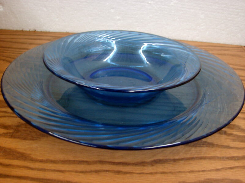 Set/2 Vintage PYREX Festiva Cobalt Blue Glass Swirl 12&#8243; Charger Platter Plate, Moose-R-Us.Com Log Cabin Decor