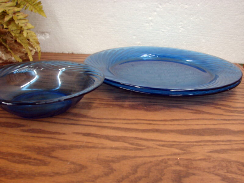 Set/2 Vintage PYREX Festiva Cobalt Blue Glass Swirl 12&#8243; Charger Platter Plate, Moose-R-Us.Com Log Cabin Decor