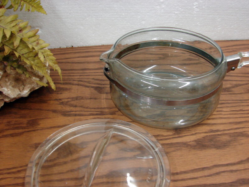 Vintage PYREX #6323 Flameware Blue Glass Spout Stove Top Pan w/ Lid, Moose-R-Us.Com Antiques Collectibles Log Cabin Decor