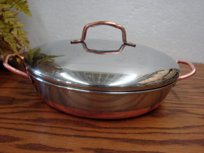 Vintage Revere Ware Copper Stainless Steel Double Handle Au Gratin Pan w/ Lid, Moose-R-Us.Com Antiques Collectibles Log Cabin Decor