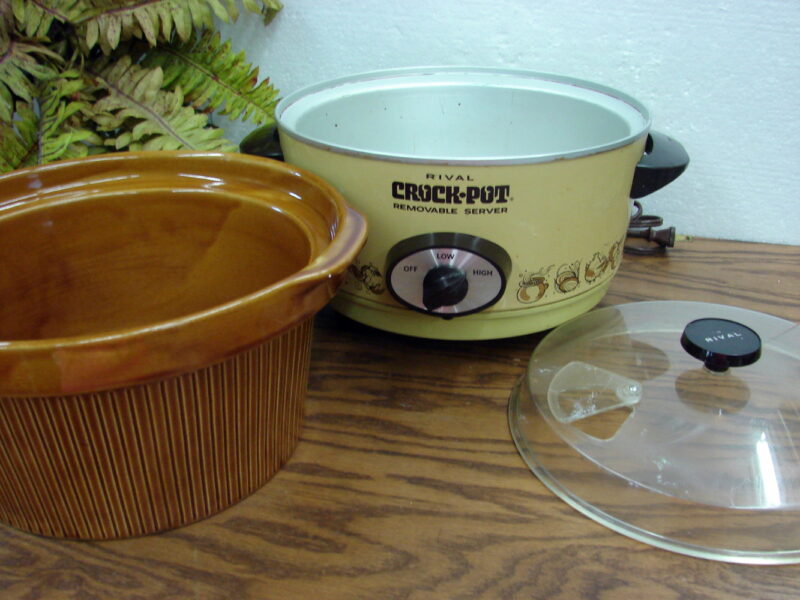 Vintage Mustard Yellow Retro 4 Qt Rival 3350 Crock Pot Slow Cooker 3 Part Crock, Moose-R-Us.Com Antiques Collectibles Log Cabin Decor