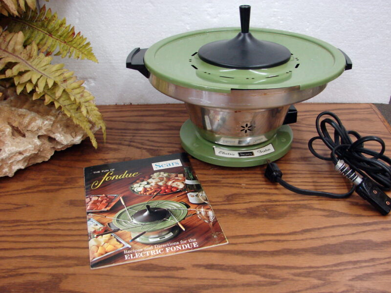 Vintage Avocado Green Sears Electric Fondue Pot Set Forks Manual Recipe Book, Moose-R-Us.Com Log Cabin Decor