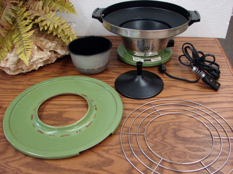 Vintage Avocado Green Sears Electric Fondue Pot Set Forks Manual Recipe Book, Moose-R-Us.Com Log Cabin Decor