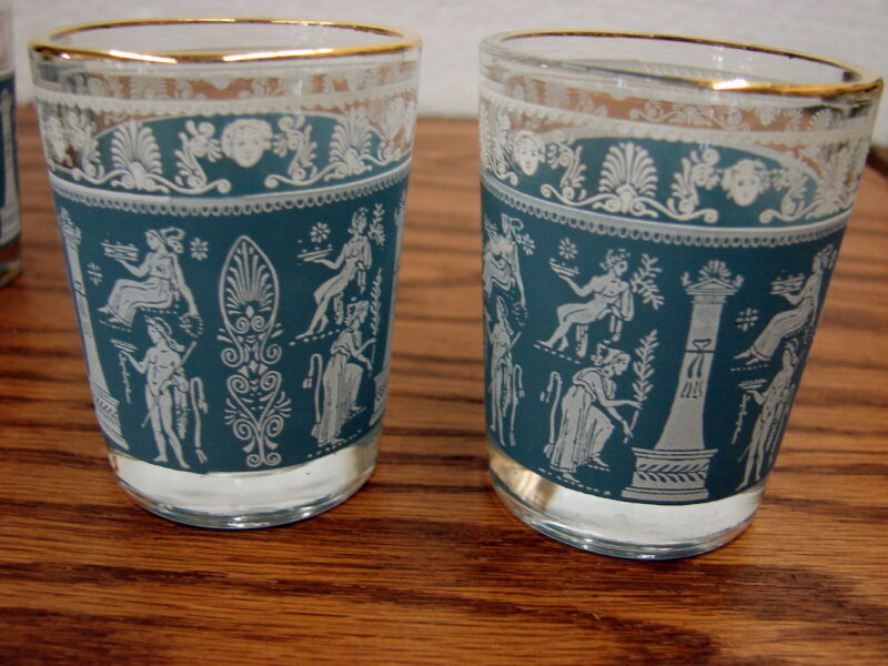Vintage MCM Jeanette Blue Wedgewood Shot Glass Set/8 Gold Rim, Moose-R-Us.Com Antiques Collectibles Log Cabin Decor