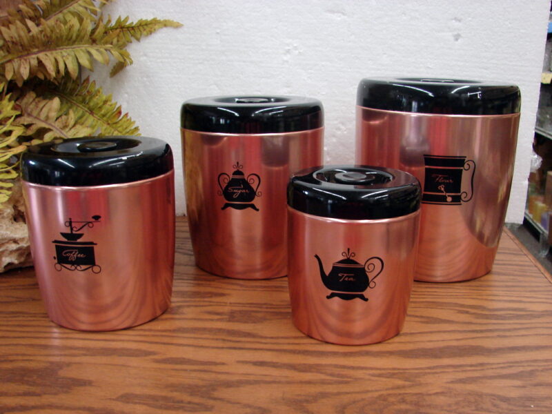 Vintage West Bend Nesting Canister Set Copper Black Lids Set/4, Moose-R-Us.Com Antiques Collectibles Log Cabin Decor
