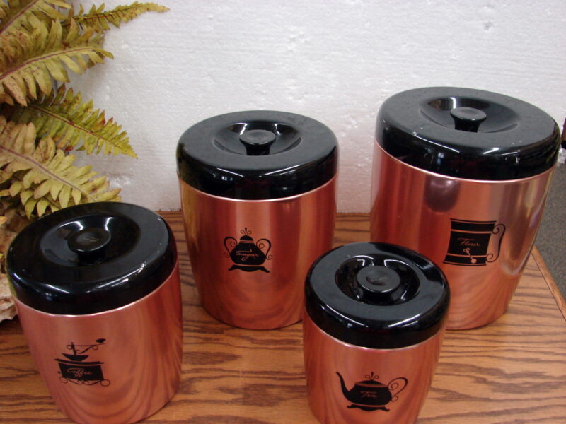 Vintage West Bend Nesting Canister Set Copper Black Lids Set/4, Moose-R-Us.Com Antiques Collectibles Log Cabin Decor