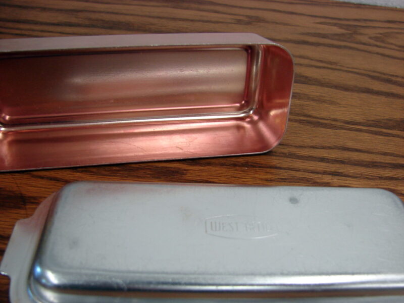 Vintage West Bend Aluminum Copper Tone Single Butter Stick Dish w/ Lid, Moose-R-Us.Com Antiques Collectibles Log Cabin Decor