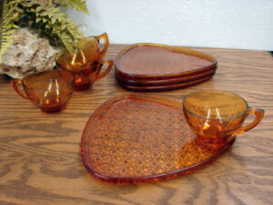 Two Vintage Federal Glass Company Hospitality Snack Set 8 Cups 8 Plates, Moose-R-Us.Com Antiques Collectibles Log Cabin Decor