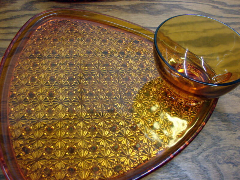 Vintage Anchor Hocking Daisy &#038; Button Amber Glass Party Snack Set 8 pcs, Moose-R-Us.Com Antiques Collectibles Log Cabin Decor