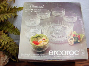 Set/6 Vintage Arcoroc Diamant USA Fruit Bowl Serving Set Tempered 9" & 5"