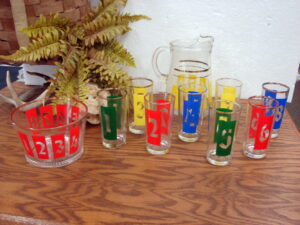 Vintage Bartlett Collins 10 pc Numbered Pitcher Glass Ice Bucket Set