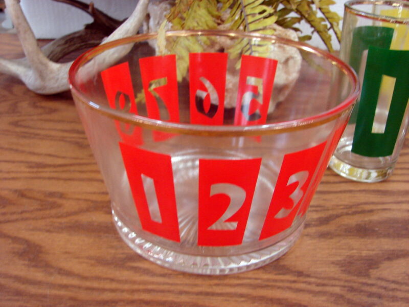 Vintage Bartlett Collins 10 pc Numbered Pitcher Glass Ice Bucket Set, Moose-R-Us.Com Antiques Collectibles Log Cabin Decor