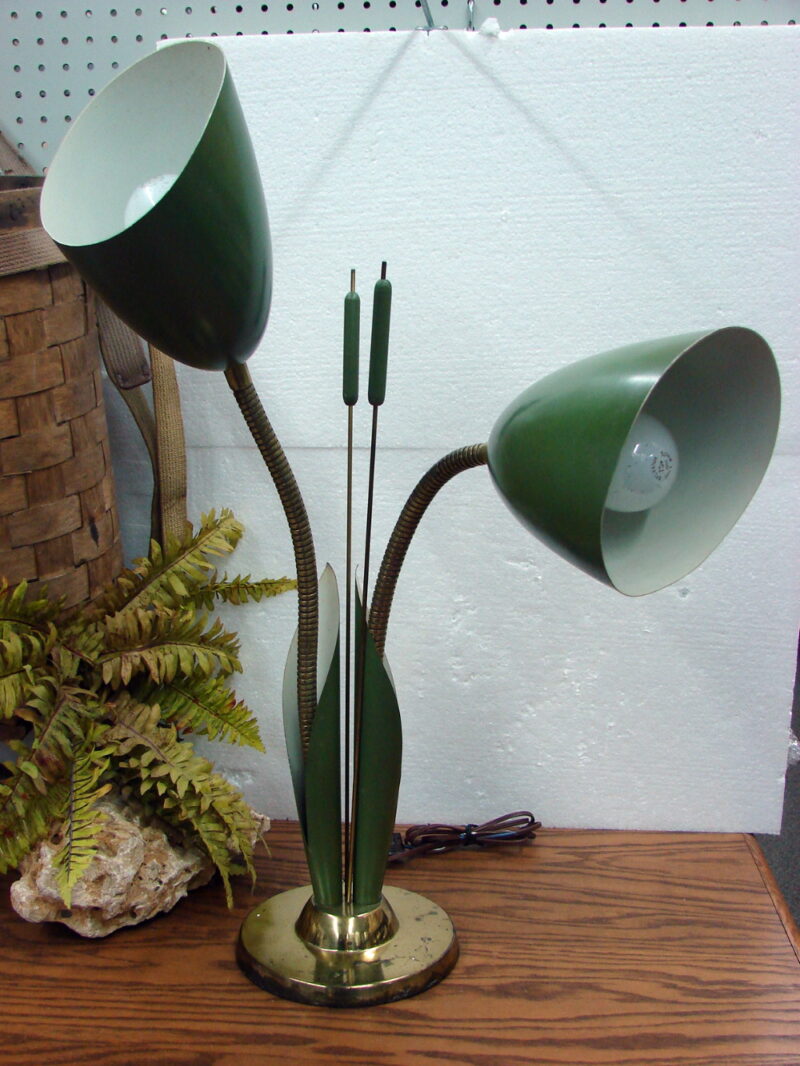 Vintage Green Enamel Double Gooseneck Adjustable Cattail and Calla Lilly Desk Lamp, Moose-R-Us.Com Antiques Collectibles Log Cabin Decor
