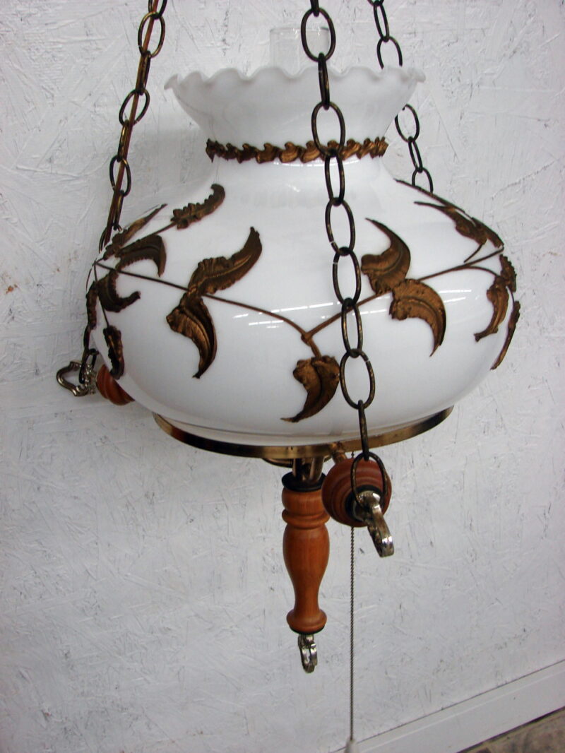 Vintage MCM Carl Falkenstein Milk Glass Swag Hanging Light With Original 16 Foot Chain, Moose-R-Us.Com Antiques Collectibles Log Cabin Decor
