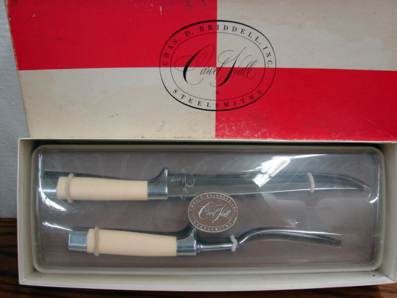 Vintage New 2 pc Briddell Carvel Hall Carving Set Lustrex Handles Original Boxes, Moose-R-Us.Com Antiques Collectibles Log Cabin Decor