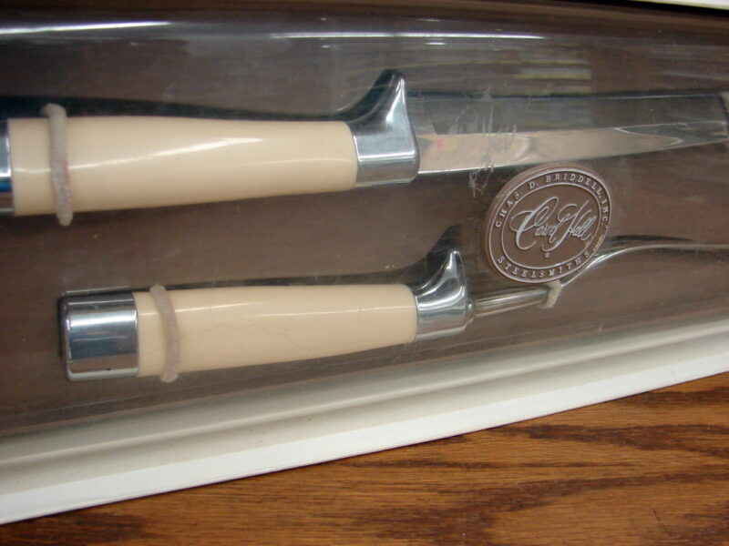 Vintage New 2 pc Briddell Carvel Hall Carving Set Lustrex Handles Original Boxes, Moose-R-Us.Com Antiques Collectibles Log Cabin Decor