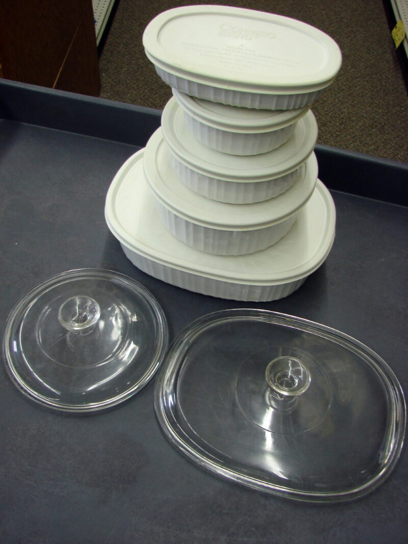 Corning Ware French White 12 Piece Casserole Bakeware w/ Storage Glass Lids, Moose-R-Us.Com Antiques Collectibles Log Cabin Decor