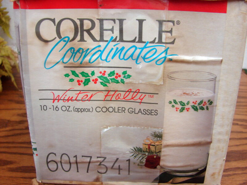 Vintage Brand New Corelle Winter Holly Christmas Holiday 16 oz Cooler Glasses, Moose-R-Us.Com Antiques Collectibles Log Cabin Decor