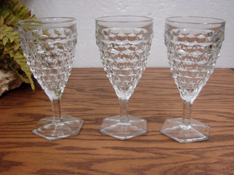Set/3 Vintage Cubist Fostoria American Clear Cube Hexagon Footed Glass, Moose-R-Us.Com Antiques Collectibles Log Cabin Decor