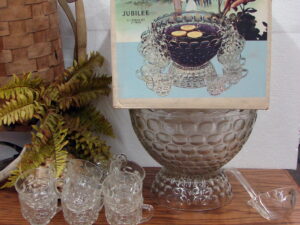 Two Vintage Federal Glass Company Hospitality Snack Set 8 Cups 8 Plates, Moose-R-Us.Com Antiques Collectibles Log Cabin Decor