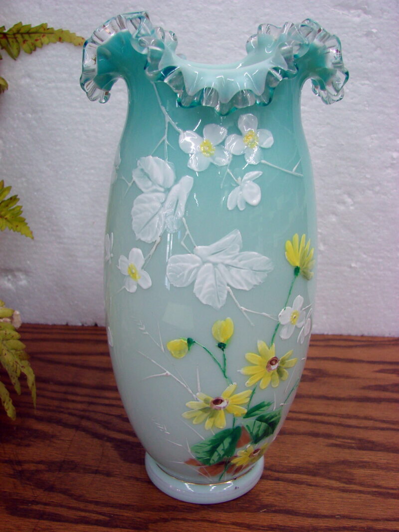Vintage Blue/White Cased Hand Painted Ruffled Hand Painted Vase, Moose-R-Us.Com Antiques Collectibles Log Cabin Decor