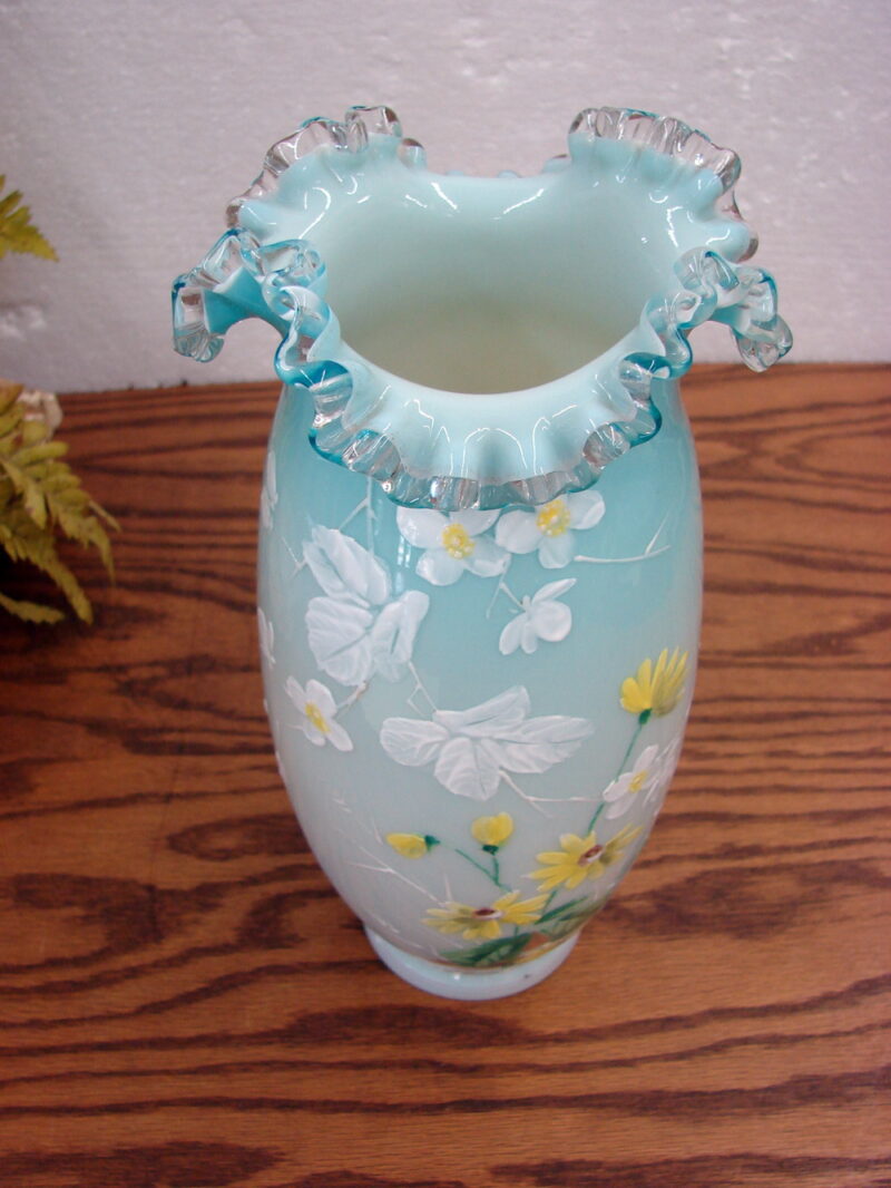 Vintage Blue/White Cased Hand Painted Ruffled Hand Painted Vase, Moose-R-Us.Com Antiques Collectibles Log Cabin Decor