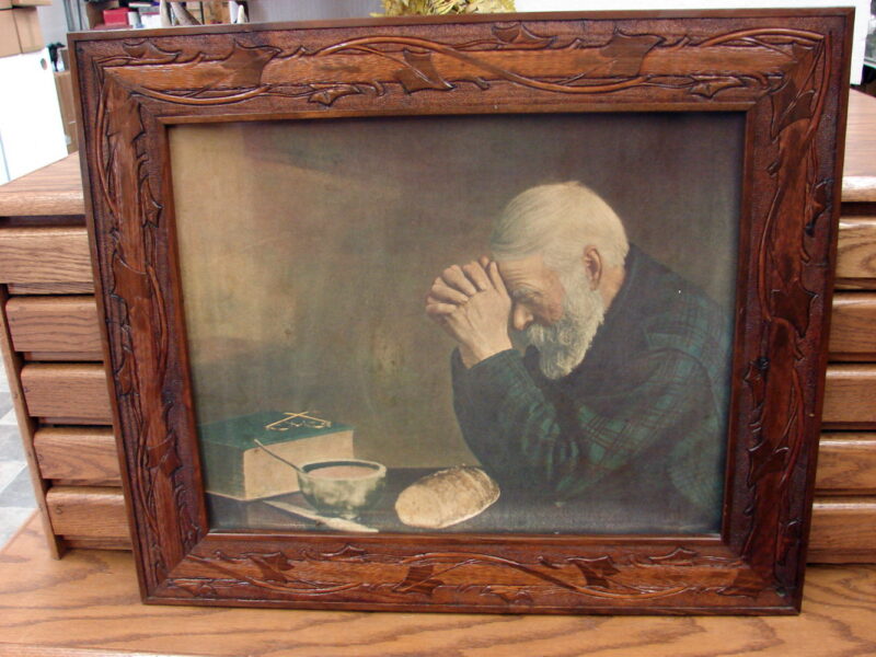 Vintage 1970&#8217;s Grace Wood Carved Framed Prints Man Praying, Moose-R-Us.Com Antiques Collectibles Log Cabin Decor