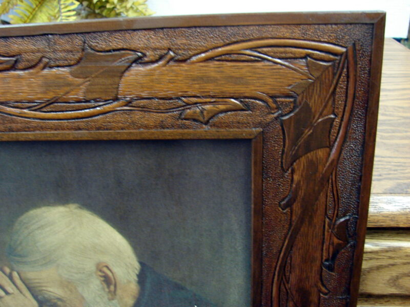 Vintage 1970&#8217;s Grace Wood Carved Framed Prints Man Praying, Moose-R-Us.Com Antiques Collectibles Log Cabin Decor