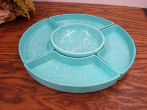 Vintage Hazel Atlas Spaghetti Drizzle Turquoise White Lazy Susan Dip Set