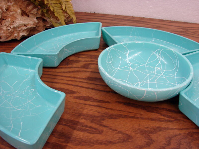 Vintage Hazel Atlas Spaghetti Drizzle Turquoise White Lazy Susan Dip Set, Moose-R-Us.Com Antiques Collectibles Log Cabin Decor