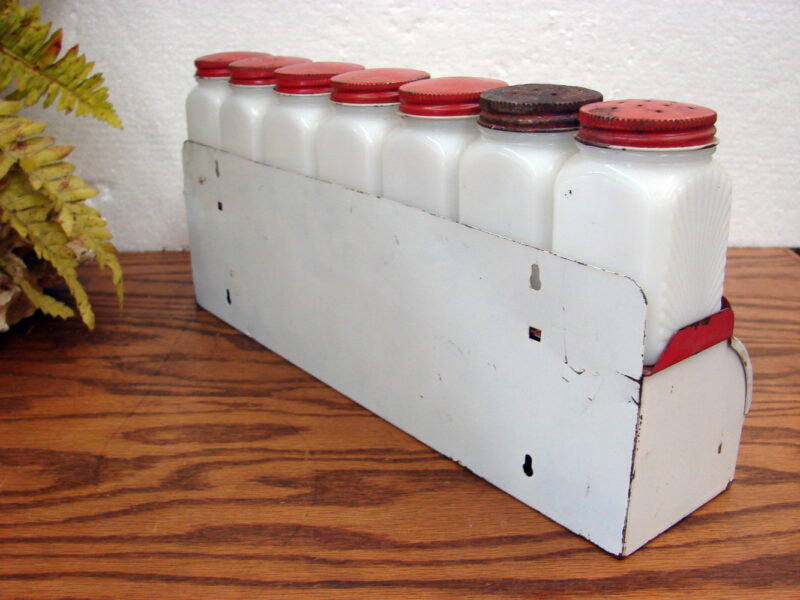 As Is Parts Vintage Milk Glass McKee Spice Set w/ Wax Paper Holder Rack Project, Moose-R-Us.Com Antiques Collectibles Log Cabin Decor
