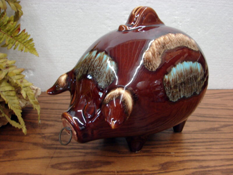 Vintage Hull Pottery #197 Corky Pig Piggy Bank Smiling Brown Drip Majolica 8&#8243;, Moose-R-Us.Com Antiques Collectibles Log Cabin Decor