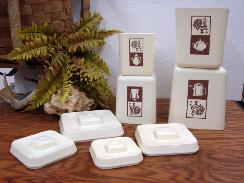 Set/4 Retro Lustro Ware Rooster Chicken Kitchen Appliance White Canister Nesting, Moose-R-Us.Com Antiques Collectibles Log Cabin Decor